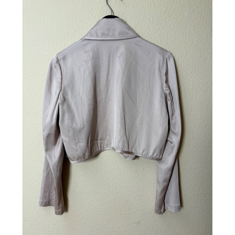 Elaine Kim Champagne Taupe Satin Cropped Open Front Jacket Peter Pan Collar Sz S - Picture 6 of 7